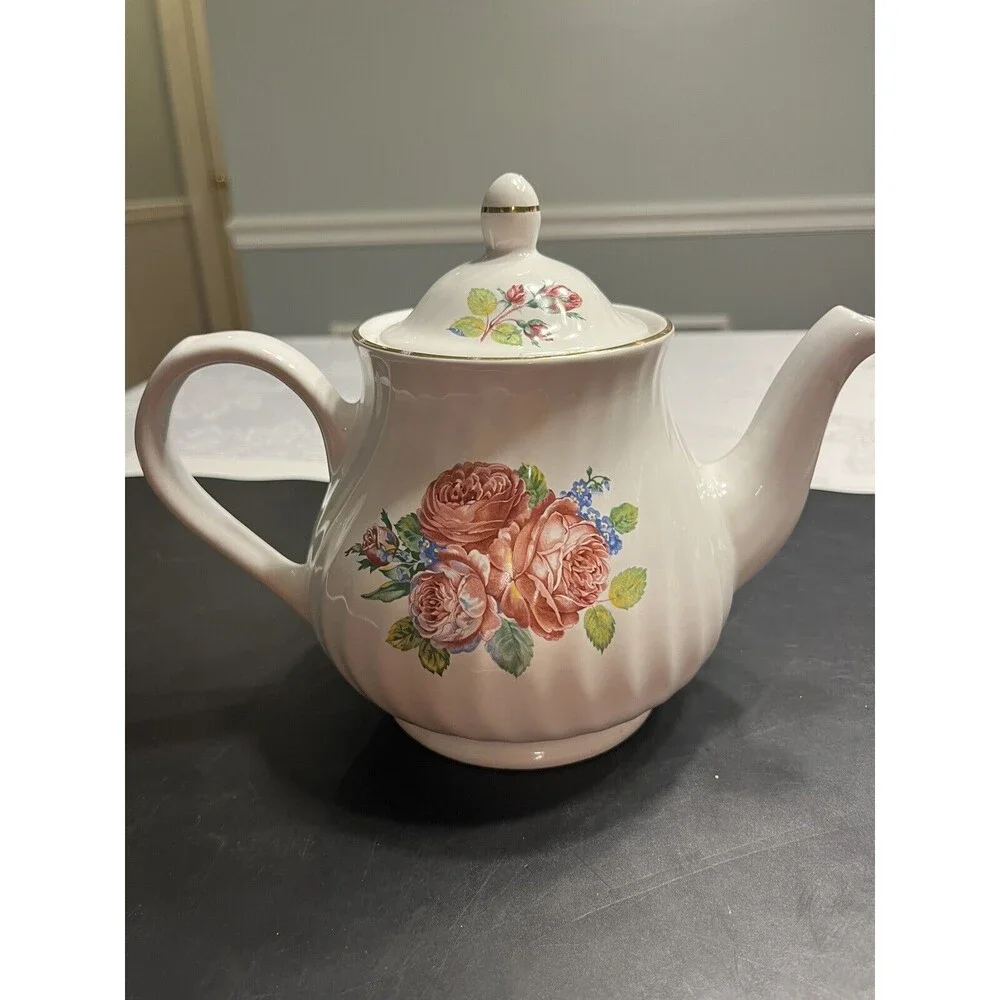 Vtg Arthur Wood England Pink Roses Swirl Gold Trim Teapot
